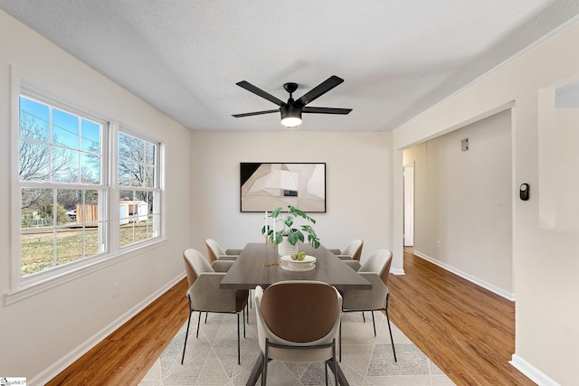 dining room with a ceiling fan, a textured ceiling, baseboards, and wood finished floors