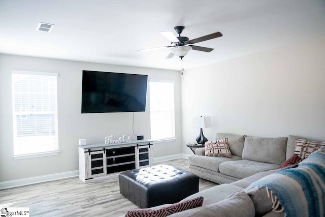 living area featuring light wood-style flooring, visible vents, and a wealth of natural light