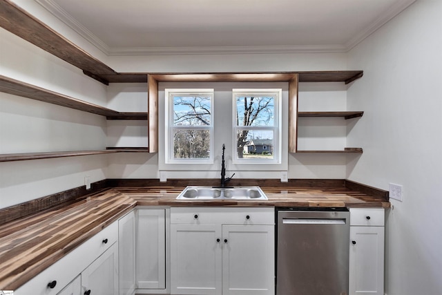 kitchen with a sink, white cabinets, wooden counters, dishwasher, and open shelves