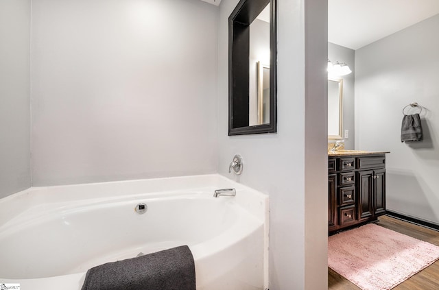 full bathroom featuring a bath, wood finished floors, and vanity