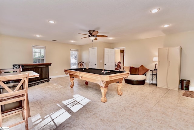 recreation room featuring billiards, baseboards, a ceiling fan, and recessed lighting