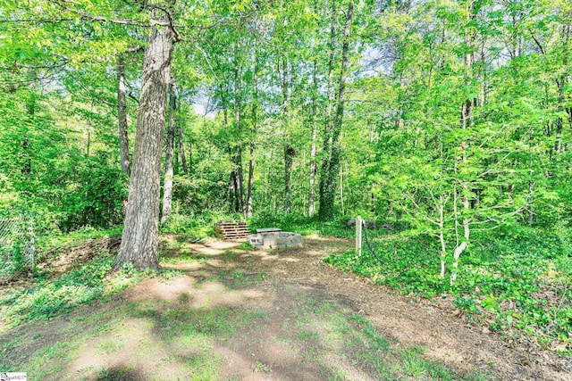 view of yard featuring a forest view