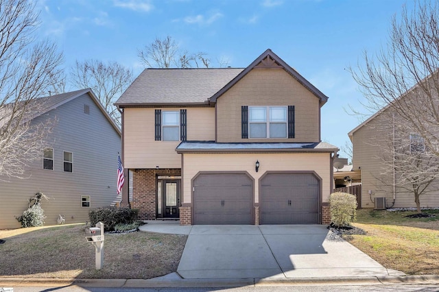 view of front of property with brick siding, a shingled roof, concrete driveway, central AC unit, and a garage