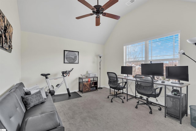 office area with visible vents, carpet flooring, ceiling fan, high vaulted ceiling, and baseboards