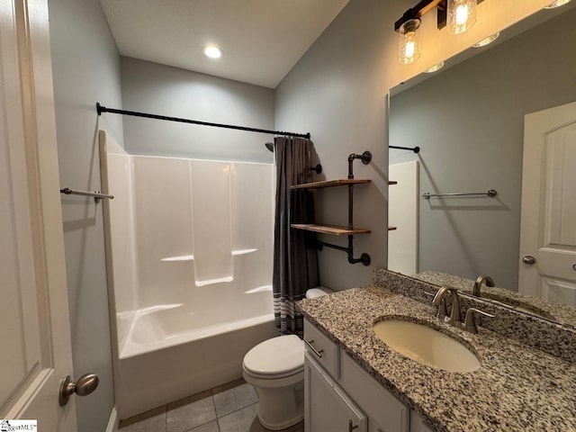 bathroom with toilet, vanity, shower / tub combo with curtain, and tile patterned floors