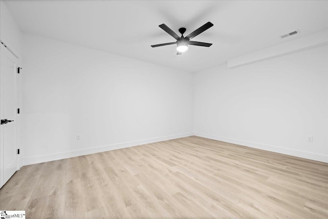 unfurnished room with baseboards, visible vents, ceiling fan, and light wood finished floors