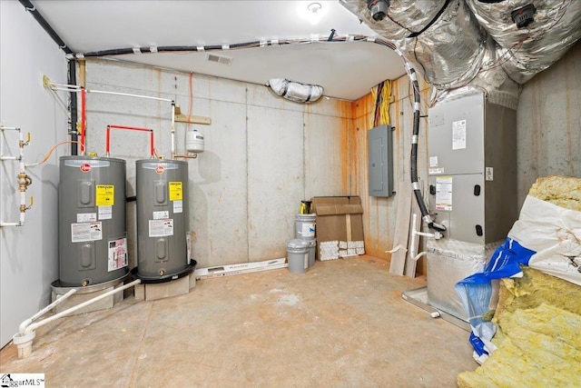 utilities featuring electric panel, water heater, and visible vents