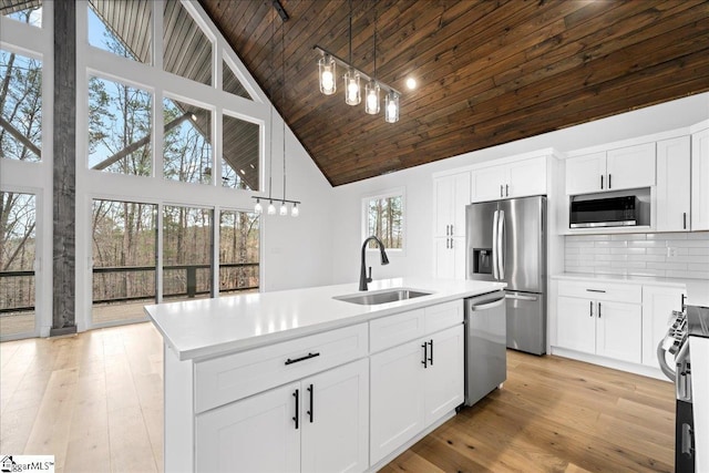 kitchen with appliances with stainless steel finishes, an island with sink, a sink, and decorative light fixtures