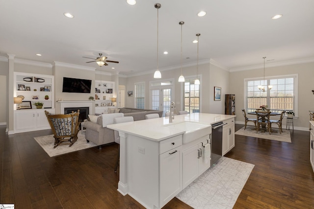 kitchen with dark wood-style flooring, a fireplace, a sink, light countertops, and stainless steel dishwasher