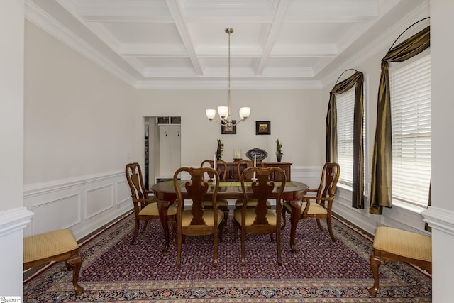 dining space with a wainscoted wall, ornamental molding, a chandelier, coffered ceiling, and beamed ceiling