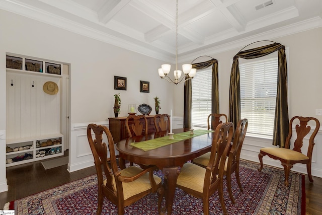 dining room with visible vents, coffered ceiling, dark wood finished floors, beamed ceiling, and a chandelier