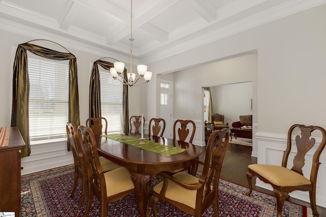 dining space featuring a chandelier, beamed ceiling, coffered ceiling, and crown molding