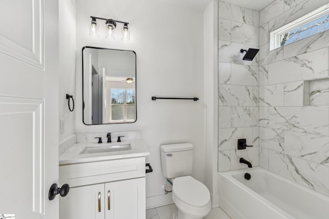 bathroom with baseboards, bathing tub / shower combination, toilet, marble finish floor, and vanity