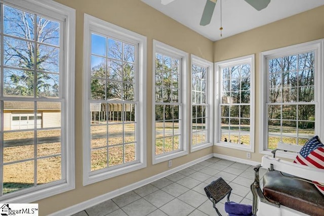 sunroom / solarium featuring a ceiling fan and a healthy amount of sunlight