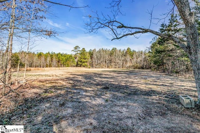 view of yard featuring a forest view