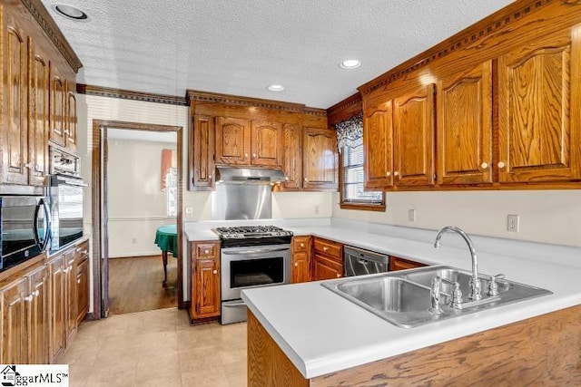 kitchen featuring a peninsula, a sink, stainless steel appliances, and light countertops