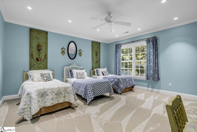 bedroom featuring baseboards, visible vents, light colored carpet, crown molding, and recessed lighting