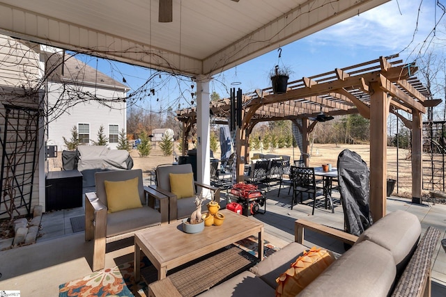 view of patio / terrace featuring outdoor lounge area and a pergola