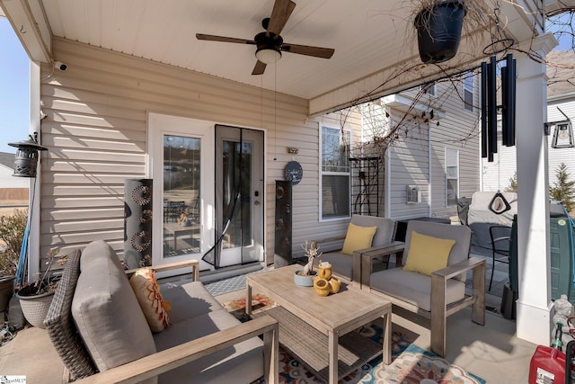 view of patio / terrace featuring a ceiling fan and an outdoor hangout area