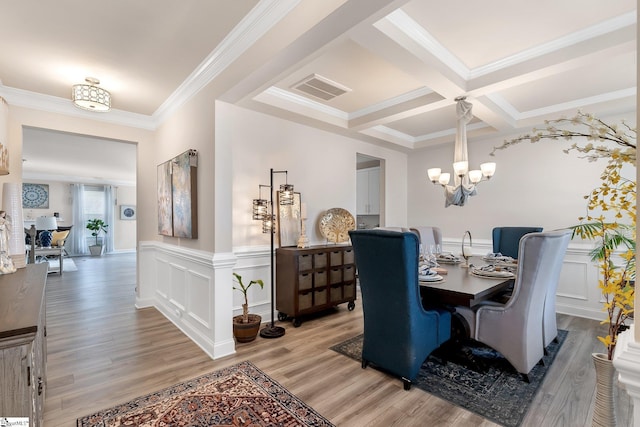 dining space featuring a wainscoted wall, visible vents, ornamental molding, wood finished floors, and coffered ceiling