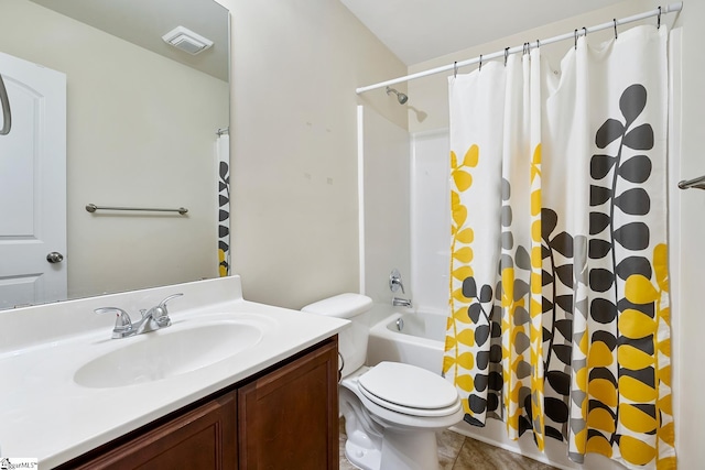 full bath with tile patterned flooring, toilet, shower / tub combo, vanity, and visible vents