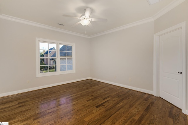 unfurnished room featuring a ceiling fan, visible vents, baseboards, ornamental molding, and dark wood finished floors