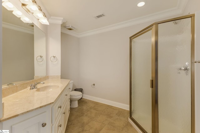 bathroom with visible vents, toilet, ornamental molding, vanity, and a shower stall