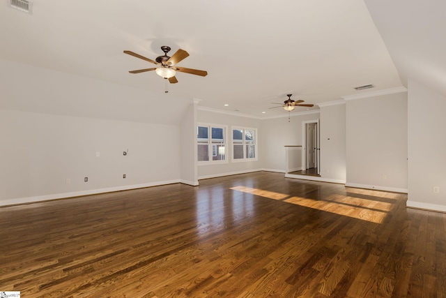 unfurnished living room featuring ornamental molding, dark wood-style flooring, visible vents, and baseboards