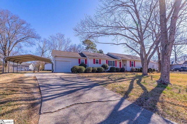 ranch-style house with a carport, a front yard, driveway, and an attached garage