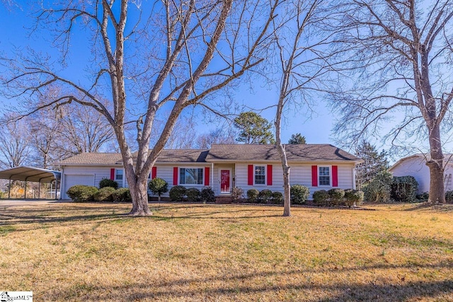 single story home featuring a garage and a front yard