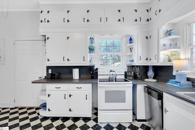 kitchen with dishwasher, open shelves, and white electric range oven