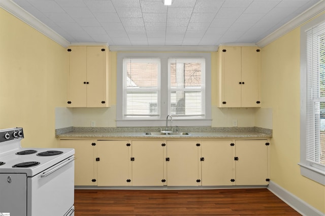 kitchen featuring dark wood-style floors, white electric range oven, light countertops, ornamental molding, and a sink