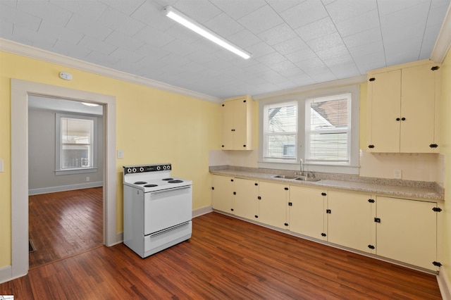 kitchen with dark wood-style flooring, white electric stove, light countertops, ornamental molding, and a sink