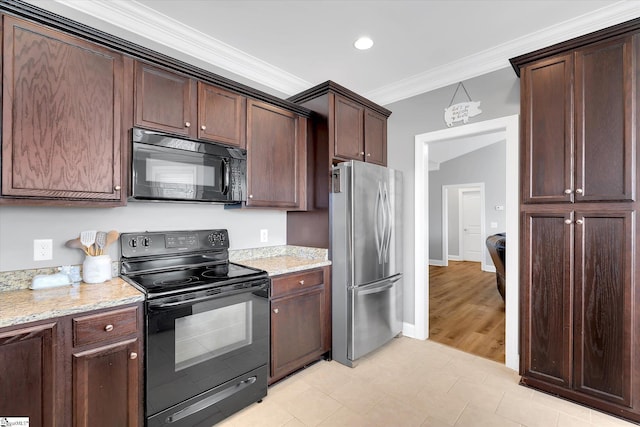 kitchen with baseboards, dark brown cabinets, ornamental molding, light stone countertops, and black appliances