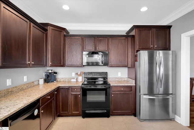 kitchen featuring dark brown cabinetry, recessed lighting, light stone countertops, black appliances, and crown molding