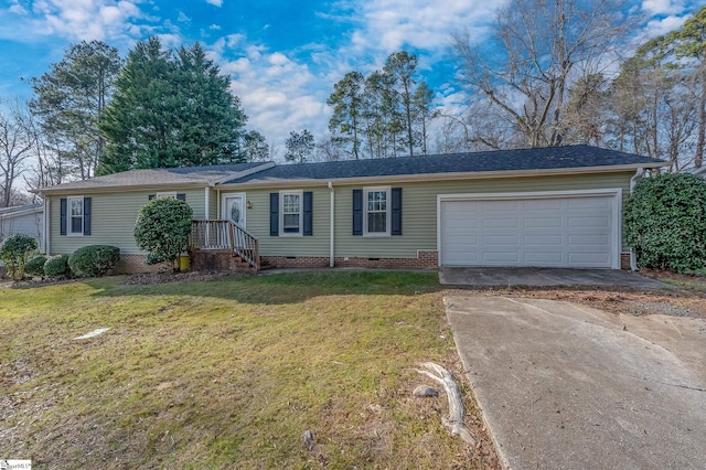 ranch-style home featuring a garage, driveway, a front lawn, and crawl space