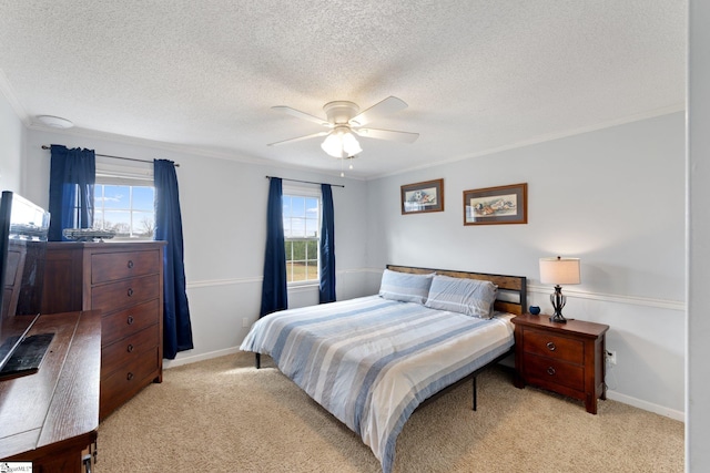 bedroom with light carpet, crown molding, a textured ceiling, and multiple windows