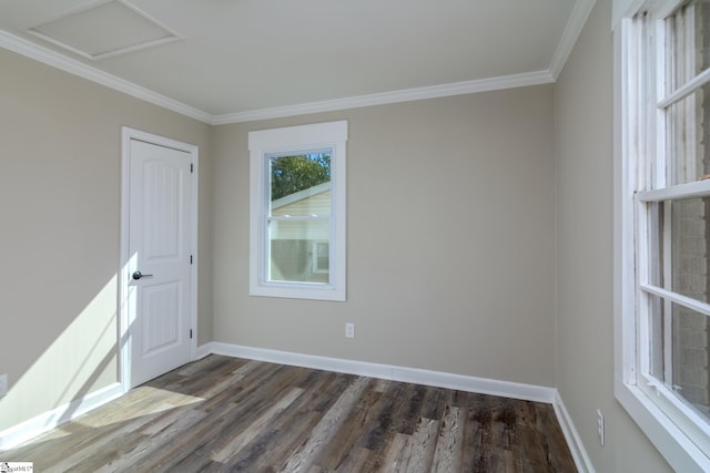 spare room featuring dark wood-style floors, ornamental molding, attic access, and baseboards