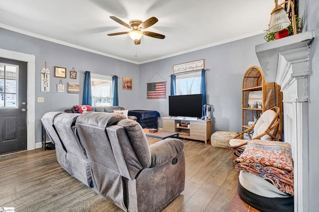 living area with ceiling fan, crown molding, and wood finished floors