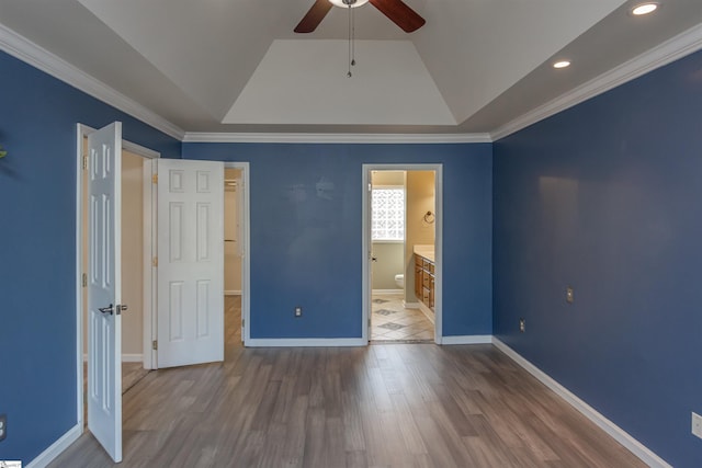 unfurnished bedroom featuring a raised ceiling, wood finished floors, a walk in closet, and baseboards