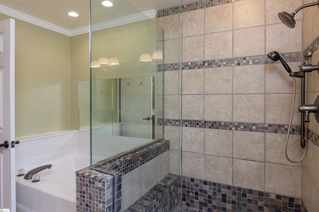 full bathroom with ornamental molding, a tile shower, a bath, and recessed lighting