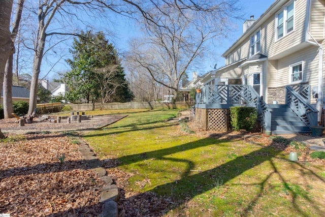 view of yard featuring fence and a deck