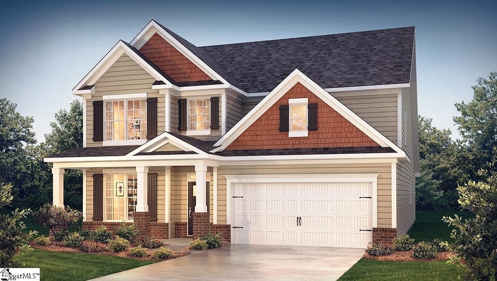 craftsman-style house with an attached garage, covered porch, brick siding, driveway, and roof with shingles