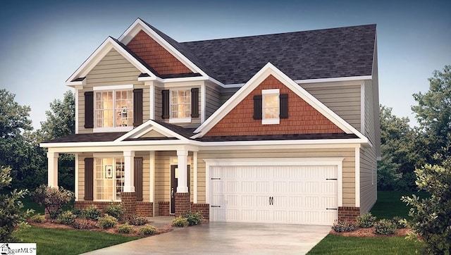 craftsman-style house with an attached garage, covered porch, brick siding, driveway, and roof with shingles