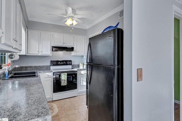 kitchen with electric range, freestanding refrigerator, white cabinets, a sink, and under cabinet range hood