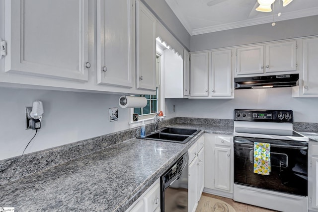 kitchen featuring under cabinet range hood, white cabinetry, a sink, and electric range