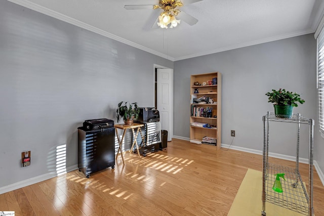 office featuring baseboards, ceiling fan, ornamental molding, and light wood-style floors