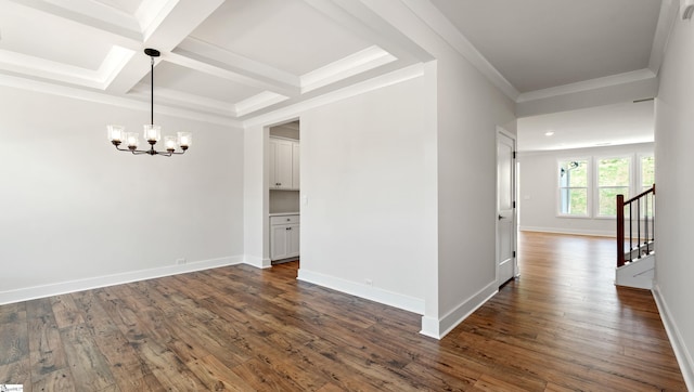 400 Fiery Rd Lot 0173, Mauldin, SC 29607 - empty room with a chandelier, dark wood finished floors, ornamental molding, baseboards, and beamed ceiling