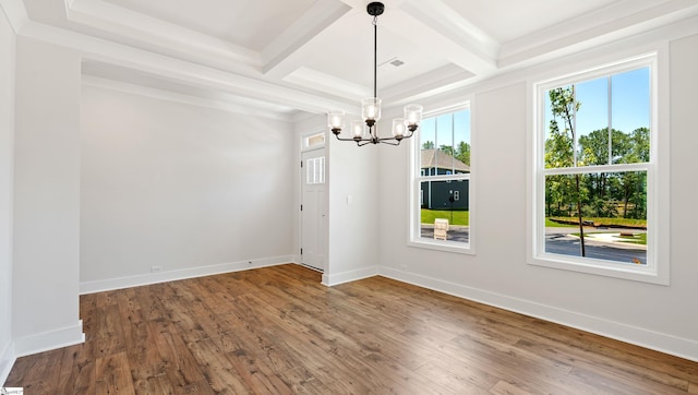400 Fiery Rd Lot 0173, Mauldin, SC 29607 - empty room featuring a chandelier, coffered ceiling, hardwood / wood-style floors, beam ceiling, and baseboards