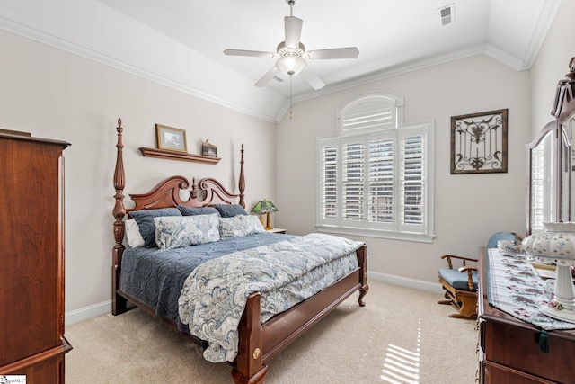 bedroom with ornamental molding, light colored carpet, visible vents, and lofted ceiling